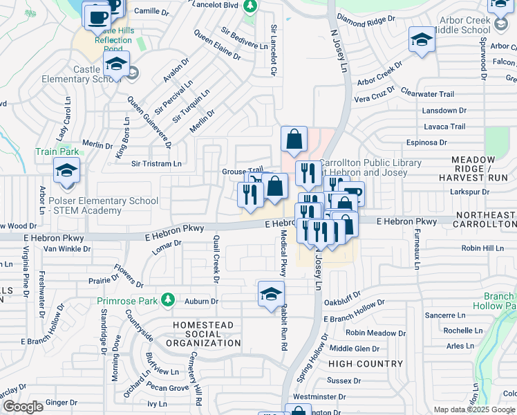 map of restaurants, bars, coffee shops, grocery stores, and more near 1745 East Hebron Parkway in Carrollton