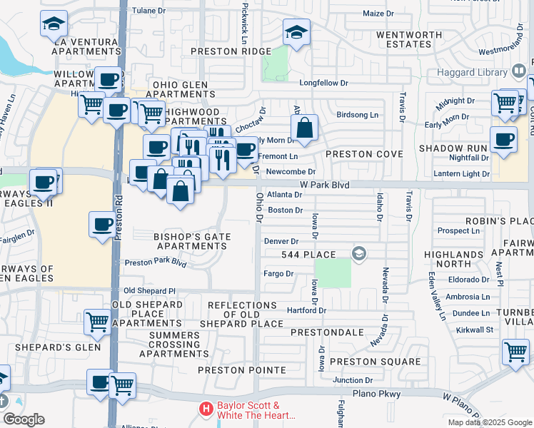 map of restaurants, bars, coffee shops, grocery stores, and more near 4544 Boston Drive in Plano