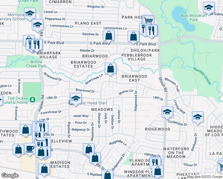 map of restaurants, bars, coffee shops, grocery stores, and more near 1912 Greenbriar Court in Plano