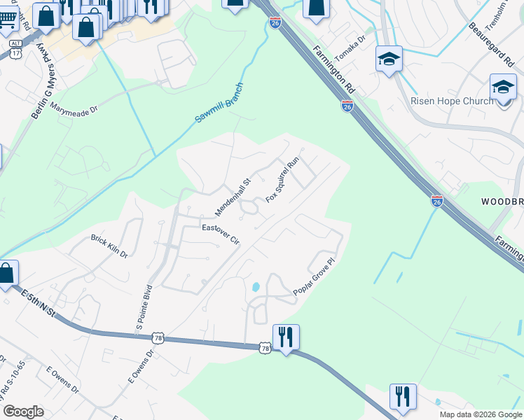 map of restaurants, bars, coffee shops, grocery stores, and more near 307 McDougal Circle in Summerville