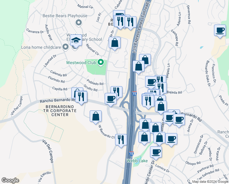 map of restaurants, bars, coffee shops, grocery stores, and more near 17093 West Bernardo Drive in San Diego