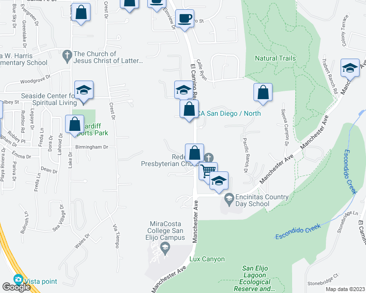 map of restaurants, bars, coffee shops, grocery stores, and more near 1720 South El Camino Real in Encinitas