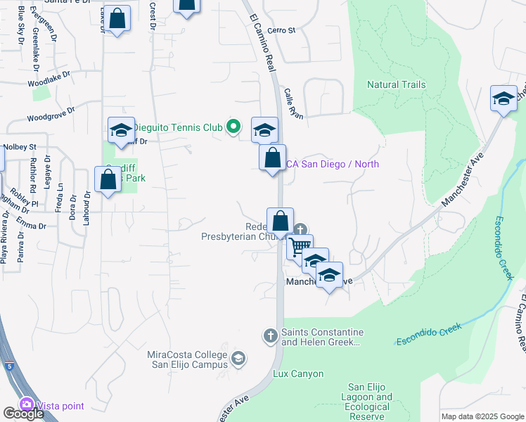 map of restaurants, bars, coffee shops, grocery stores, and more near 1720 South El Camino Real in Encinitas