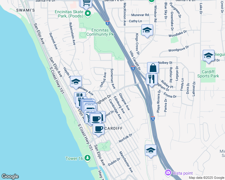 map of restaurants, bars, coffee shops, grocery stores, and more near 1927 Edinburg Avenue in Encinitas