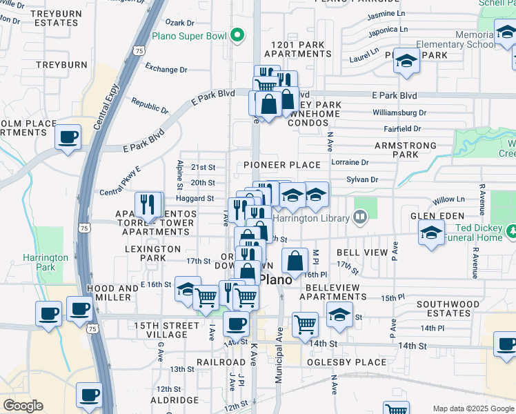 map of restaurants, bars, coffee shops, grocery stores, and more near 1832 K Avenue in Plano