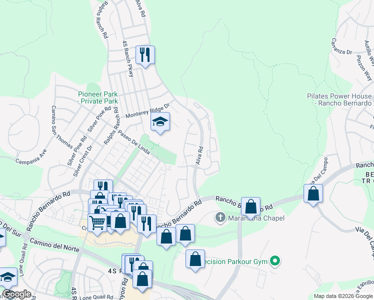 map of restaurants, bars, coffee shops, grocery stores, and more near 17231 Russet Street in San Diego