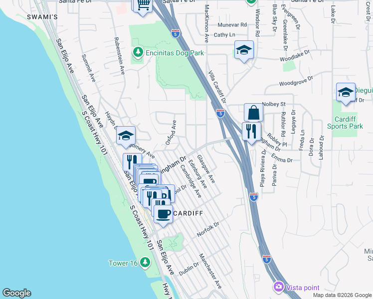 map of restaurants, bars, coffee shops, grocery stores, and more near 1927 Edinburg Avenue in Encinitas