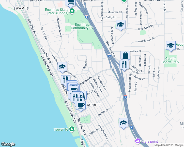 map of restaurants, bars, coffee shops, grocery stores, and more near 1927 Edinburg Avenue in Encinitas