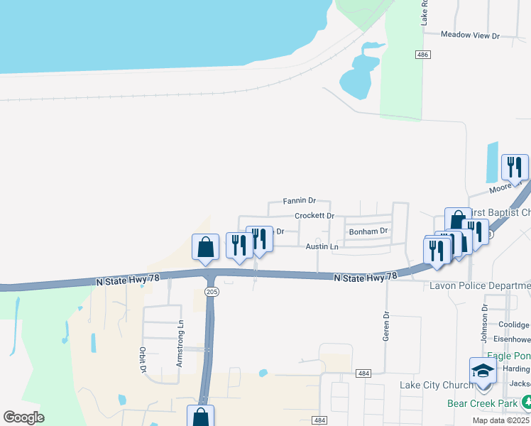 map of restaurants, bars, coffee shops, grocery stores, and more near 905 Crockett Drive in Lavon