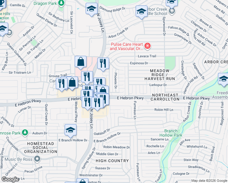 map of restaurants, bars, coffee shops, grocery stores, and more near 4206 Lavaca Trail in Carrollton