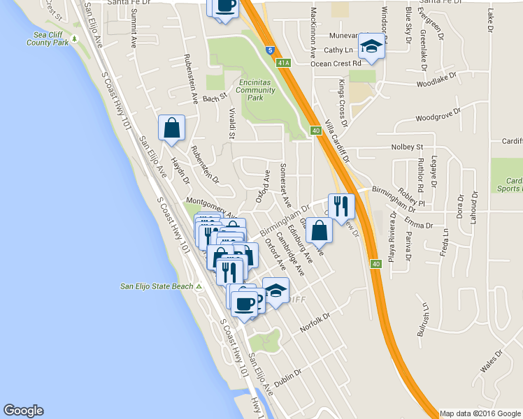 map of restaurants, bars, coffee shops, grocery stores, and more near 362 Stafford Avenue in Encinitas