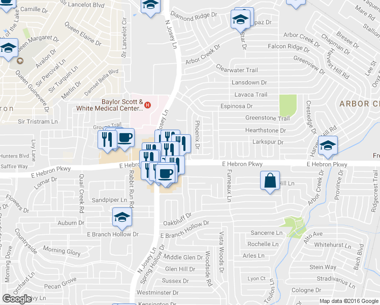 map of restaurants, bars, coffee shops, grocery stores, and more near 4206 Lavaca Trail in Carrollton