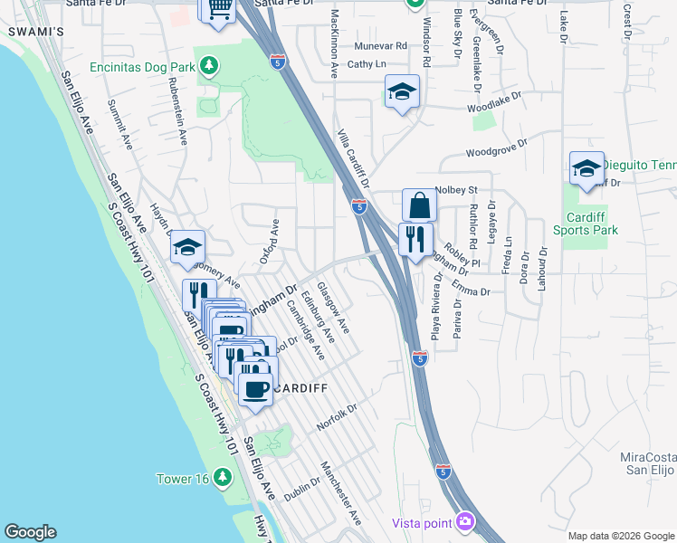 map of restaurants, bars, coffee shops, grocery stores, and more near 525 Birmingham Drive in Encinitas