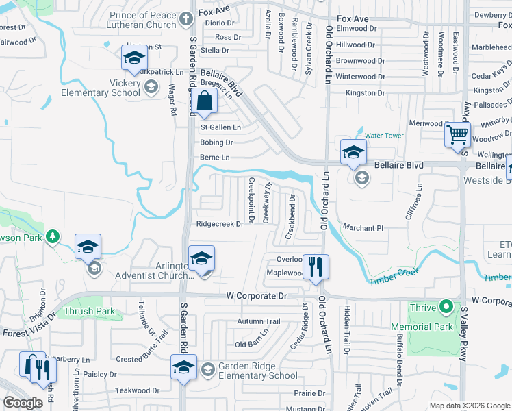 map of restaurants, bars, coffee shops, grocery stores, and more near 1721 Creekpoint Drive in Lewisville