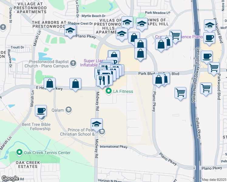 map of restaurants, bars, coffee shops, grocery stores, and more near 4216 Sloane Street in Carrollton