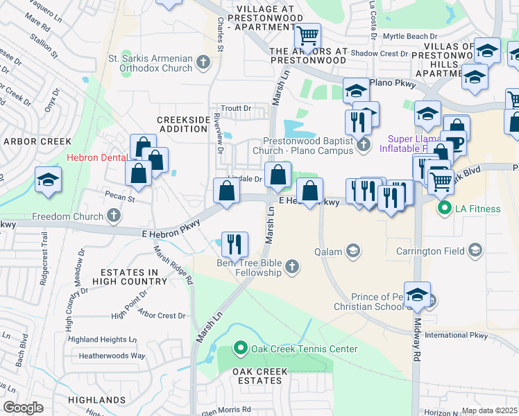 map of restaurants, bars, coffee shops, grocery stores, and more near 3040 East Hebron Parkway in Carrollton