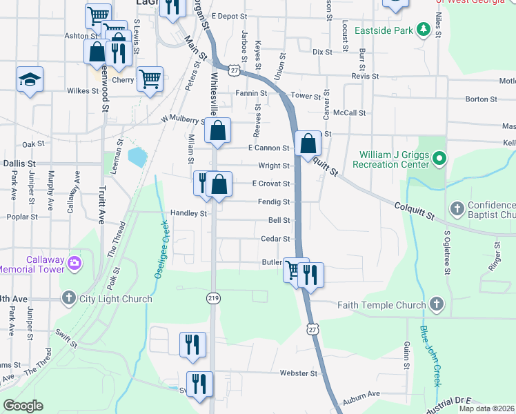 map of restaurants, bars, coffee shops, grocery stores, and more near 196 Fendig Street in LaGrange