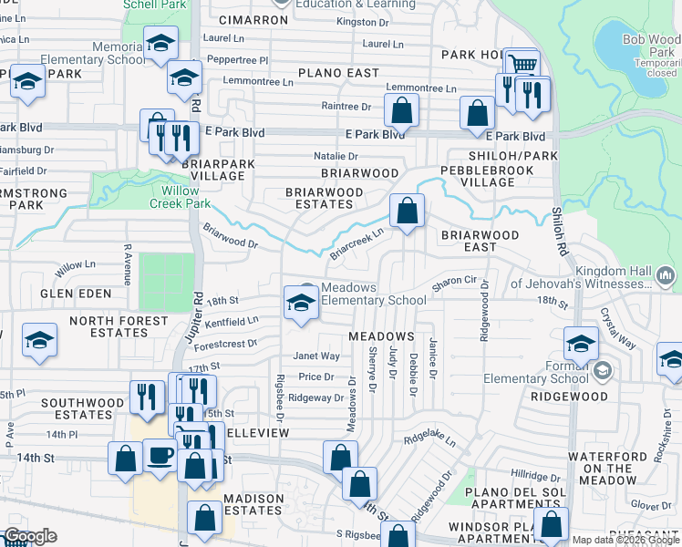 map of restaurants, bars, coffee shops, grocery stores, and more near 2909 Briarwood Drive in Plano