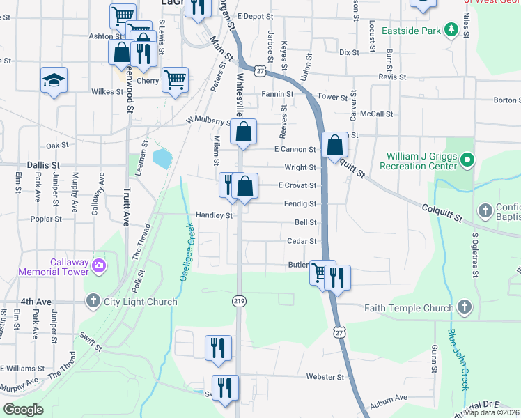 map of restaurants, bars, coffee shops, grocery stores, and more near 106 Fendig Street in LaGrange