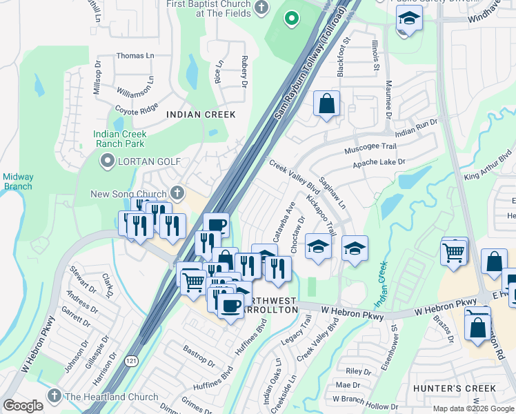 map of restaurants, bars, coffee shops, grocery stores, and more near 4249 Comanche Drive in Carrollton