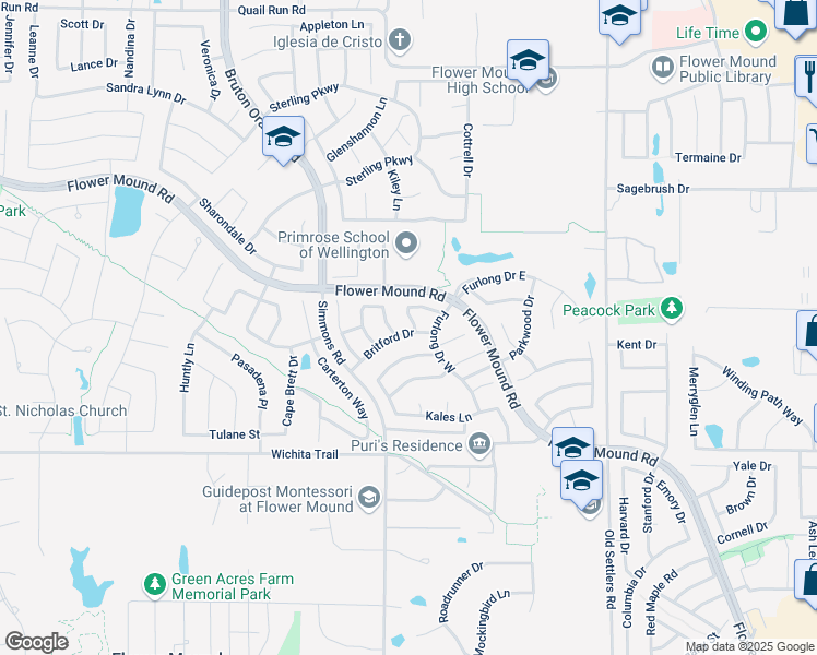 map of restaurants, bars, coffee shops, grocery stores, and more near 3653 Gaitland Circle in Flower Mound