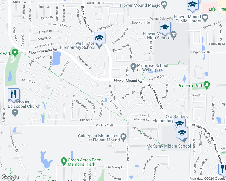 map of restaurants, bars, coffee shops, grocery stores, and more near 3219 Mission Ridge Drive in Flower Mound