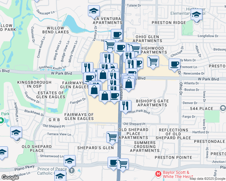 map of restaurants, bars, coffee shops, grocery stores, and more near 1905 Preston Road in Plano