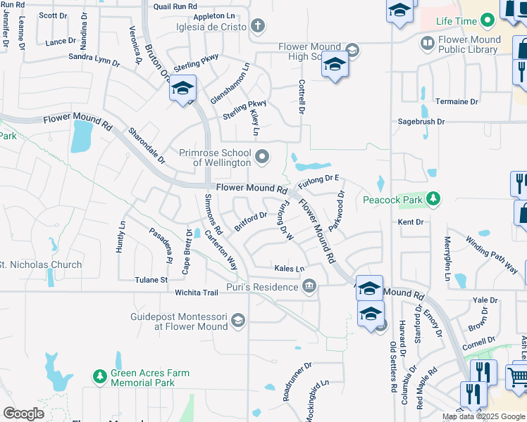 map of restaurants, bars, coffee shops, grocery stores, and more near 3653 Gaitland Circle in Flower Mound