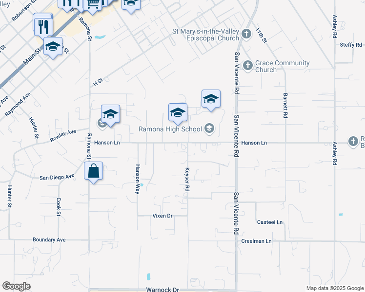 map of restaurants, bars, coffee shops, grocery stores, and more near 1516 Hanson Lane in Ramona