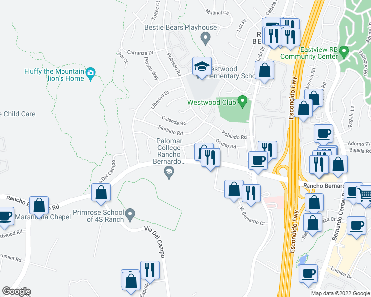 map of restaurants, bars, coffee shops, grocery stores, and more near 11303 Capilla Road in San Diego