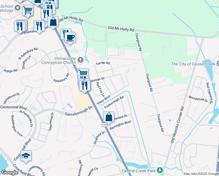 map of restaurants, bars, coffee shops, grocery stores, and more near 305 White Fox Lane in Goose Creek