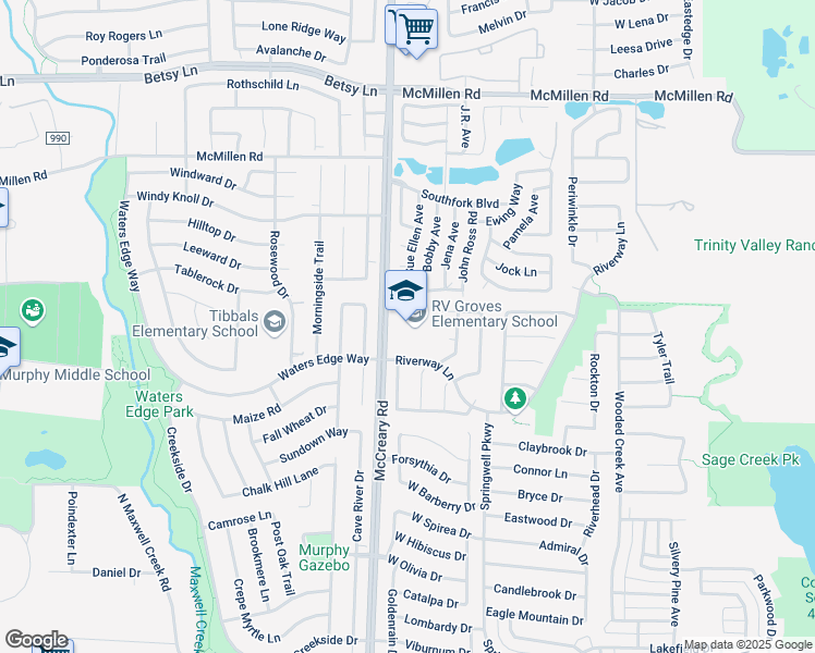 map of restaurants, bars, coffee shops, grocery stores, and more near 1100 McCreary Road in Wylie
