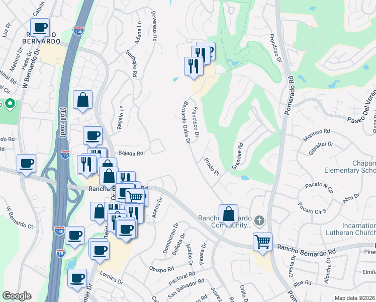 map of restaurants, bars, coffee shops, grocery stores, and more near 17248 Bernardo Oaks Drive in San Diego