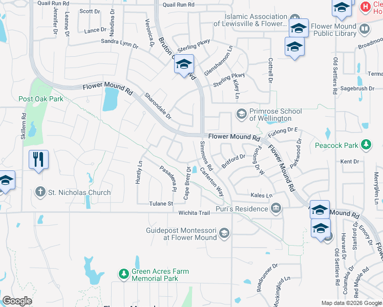 map of restaurants, bars, coffee shops, grocery stores, and more near 2905 Carterton Court in Flower Mound
