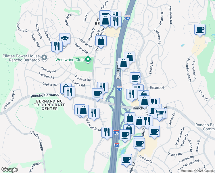 map of restaurants, bars, coffee shops, grocery stores, and more near 17093 West Bernardo Drive in San Diego