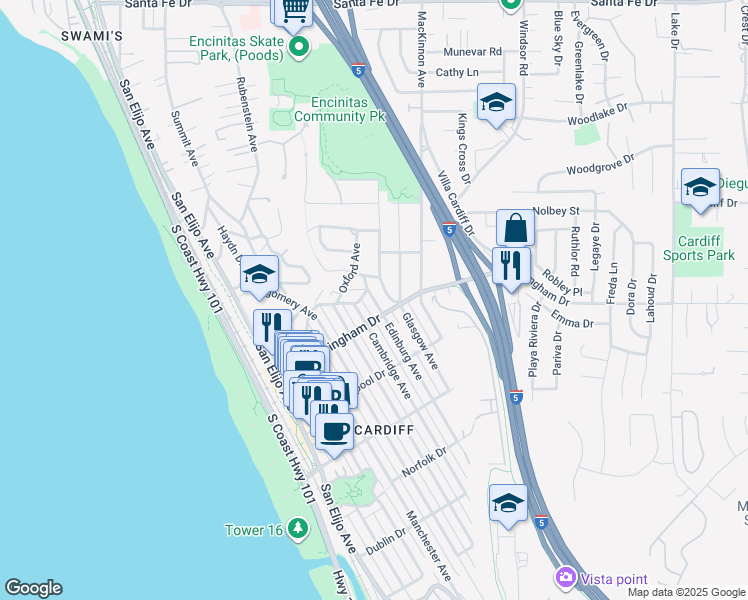 map of restaurants, bars, coffee shops, grocery stores, and more near 1927 Edinburg Avenue in Encinitas