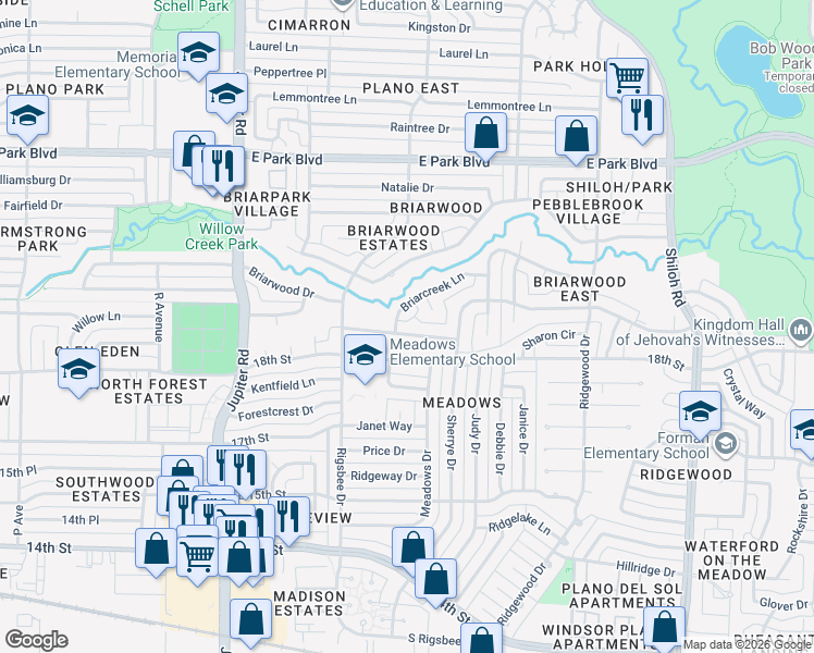 map of restaurants, bars, coffee shops, grocery stores, and more near 2909 Briarwood Drive in Plano
