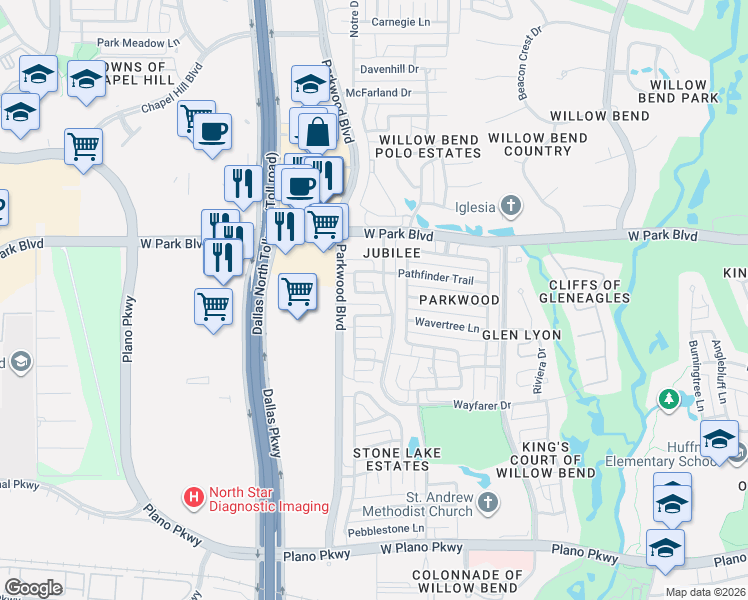 map of restaurants, bars, coffee shops, grocery stores, and more near 5908 Loch Maree Drive in Plano