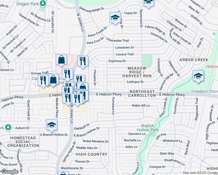 map of restaurants, bars, coffee shops, grocery stores, and more near 4207 Meadow Ridge Drive in Carrollton
