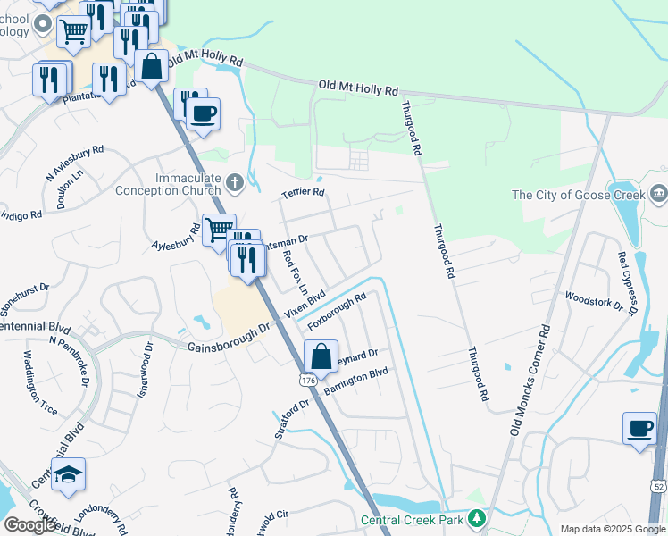 map of restaurants, bars, coffee shops, grocery stores, and more near 305 White Fox Lane in Goose Creek
