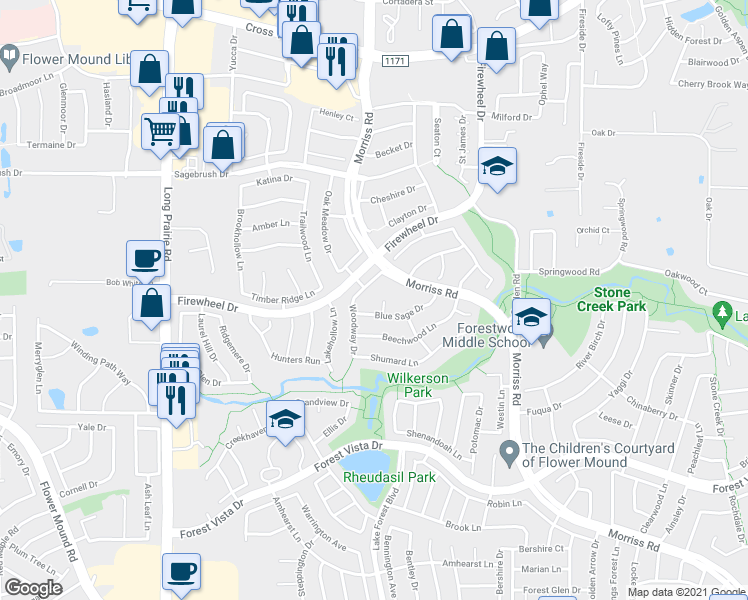 map of restaurants, bars, coffee shops, grocery stores, and more near 2912 Blue Sage Court in Lewisville