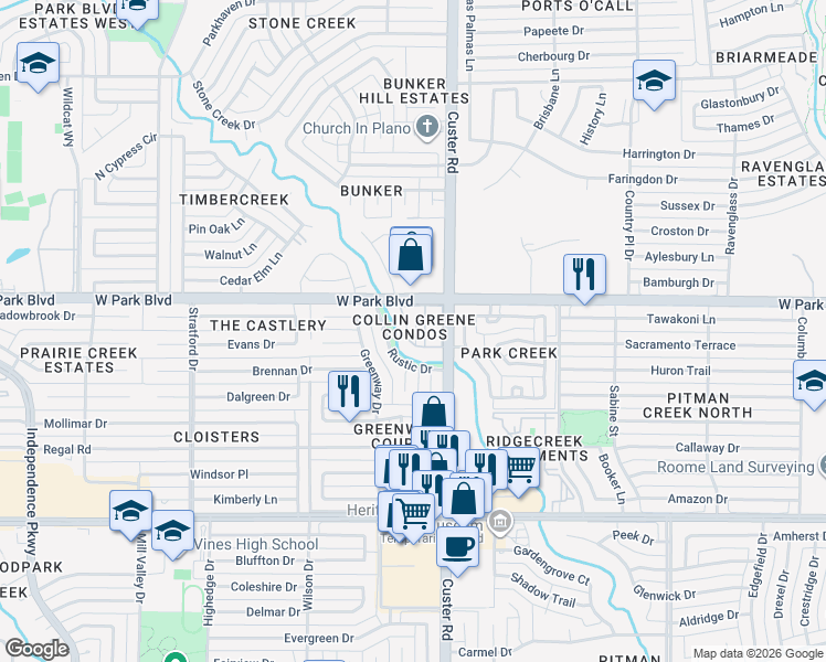 map of restaurants, bars, coffee shops, grocery stores, and more near 2204 West Park Boulevard in Plano