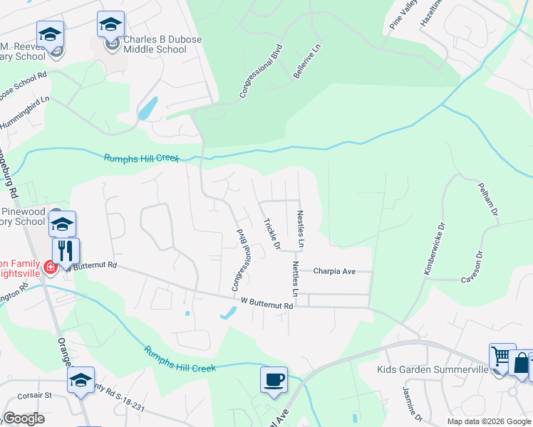 map of restaurants, bars, coffee shops, grocery stores, and more near 206 Bainsbury Lane in Summerville