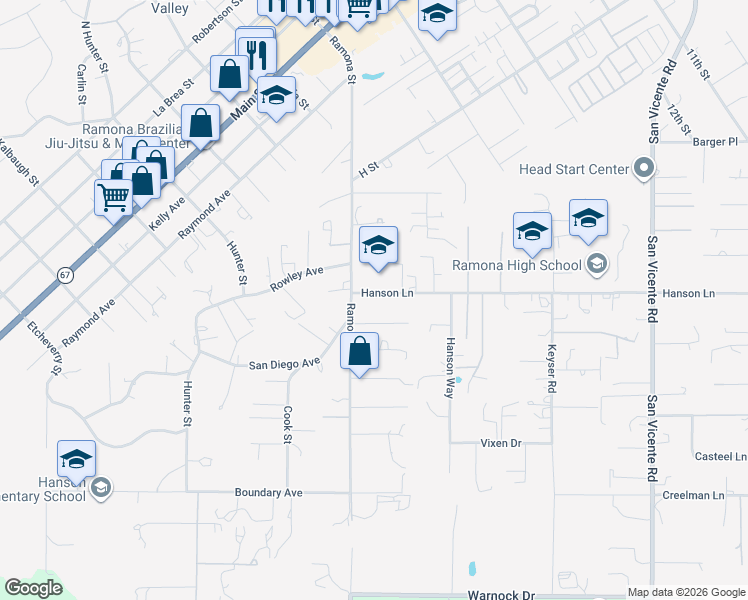 map of restaurants, bars, coffee shops, grocery stores, and more near 1834 Hanson Lane in Ramona