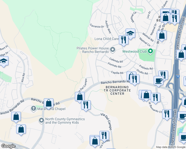 map of restaurants, bars, coffee shops, grocery stores, and more near 17035 Broken Bow Court in San Diego