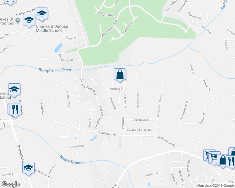 map of restaurants, bars, coffee shops, grocery stores, and more near 206 Bainsbury Lane in Summerville