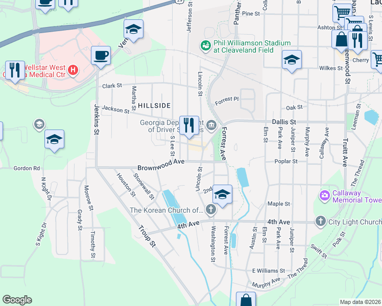 map of restaurants, bars, coffee shops, grocery stores, and more near 705 Jefferson Street in LaGrange
