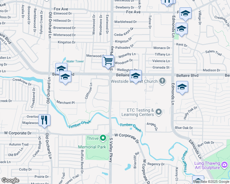 map of restaurants, bars, coffee shops, grocery stores, and more near 1797 South Valley Parkway in Lewisville