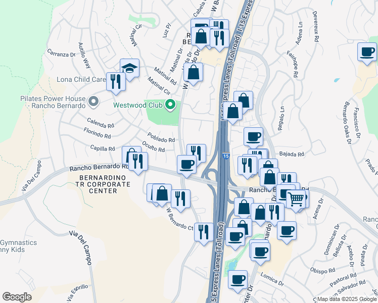 map of restaurants, bars, coffee shops, grocery stores, and more near 17075 West Bernardo Drive in San Diego