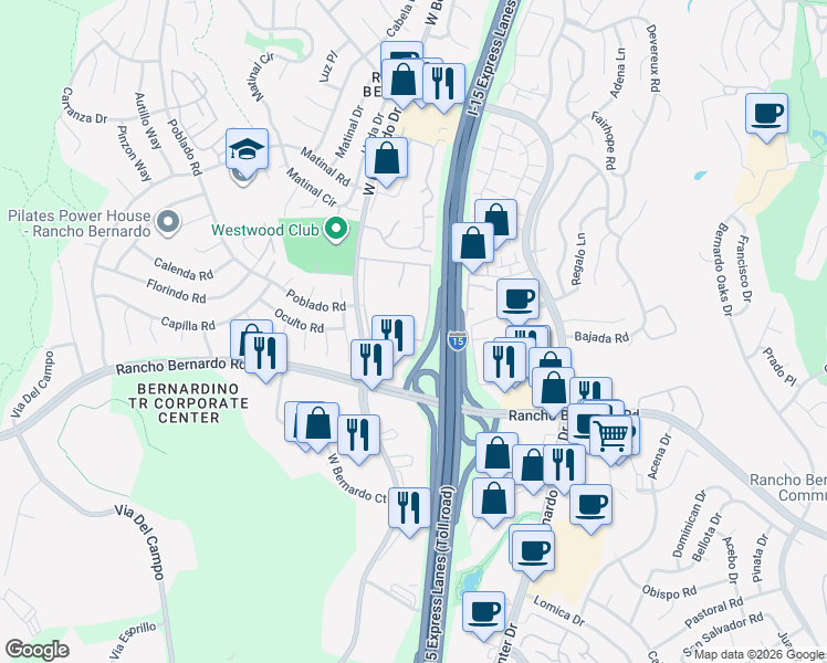 map of restaurants, bars, coffee shops, grocery stores, and more near 17129 West Bernardo Drive in San Diego